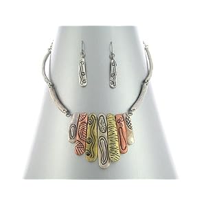Beautiful Tribal Look Tri-Tone Necklace and Earrings Set White, Yellow and Rose Gold Tone ~ Comes...