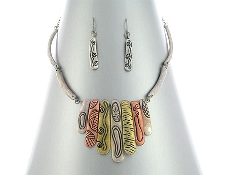 eternity necklace-Beautiful Tribal Look Tri-Tone Necklace & Earrings Set White, Yellow & Rose Gold Tone ~ Comes Gift Boxed (4a) Images