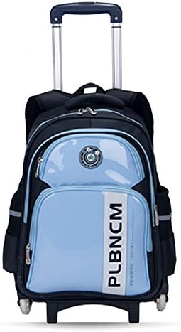 Pu Waterproof School Bag with Three Wheeled Trolley Hand Detachable Double Use Backpack for Pupils (Light Blue)