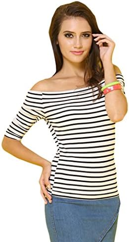 Rise World Women's Off Shoulder Half Sleeve Blouse Striped Black Size L