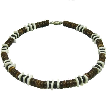 Native Treasure White Chip Puka Shell Black & Brown Coco Bead Necklace - 18" Inch