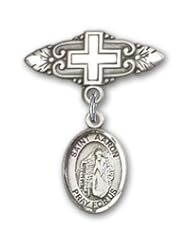 Sterling Silver Baby Badge with St. Aaron Charm and Badge Pin with Cross