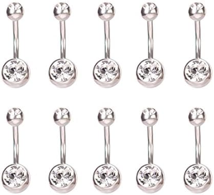 Penderie Set of 10 14G Double Jeweled Crystal Belly Button Navel Rings Stainless Steel (White)