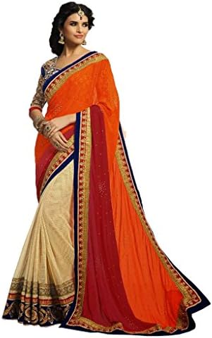 Gleaming Beige, Deep Orange & Wine Embroidered Saree
