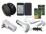 iShoppingdeals - Speaker Charger Skin Case Bundle for Apple iPod Touch 4G 4th Generation 8GB 16GB 32GB: Black Soft Skin Case Cover + USB Car Charger + USB AC Wall Charger + Black Mini Speaker + Stereo Headphone + Headset Splitter + Screen Protector Film + Smart Headphone Wrap