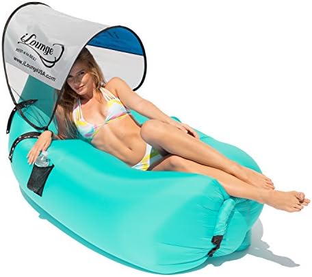 Inflatable Outdoor Lounge Chair, Beach Chair - Waterproof, Portable Sleeper Couch with Mini Canopy, Waterproof Pouch, Bottle Opener &amp; Mesh Side Bag - Turquoise- By iLounge