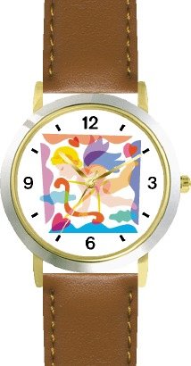 Cupid with Bow & Arrow in Pastel - Cherub, Angel or Cupid Theme - WATCHBUDDY® DELUXE TWO-TONE THEME WATCH - Arabic Numbers - Brown Leather Strap-Size-Large ( Men