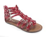 Gladiator Flat Sandal 6 Buckles Back Zipper Red