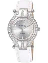 Q and Q Attractive ION-PLATED women Silver Case with rhinestones White Band