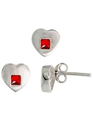 Sterling Silver Matte-finish Heart Earrings (8mm tall) & Pendant Slide (9mm tall) Set, w/ Princess Cut Ruby-colored CZ Stones