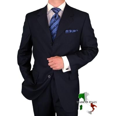 Gino Valentino Made in Italy Mens Suit 3 Button 2pc Canvas Front Jacket Italian Suit Australian Merino Wool / Silk 150s Navy Stripe