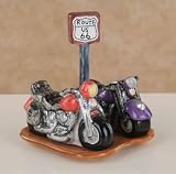 Route 66 Ceramic Motorcyle Salt & Pepper Shakers with Base