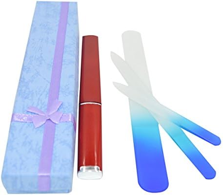 Set of 3 Professional Crystal Glass Manicure Pedicure Nail File with Gift Box and Red/Blue Case arge Medium Small Size (Blue)