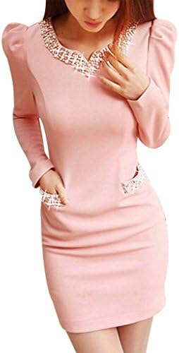 VENTELAN Women's Long Sleeve Cotton Sexy Elegant Beaded V Neck A Line Dress
