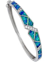 Sterling Silver Bangle Bracelet Synthetic Opal Inlay w/ High Quality Cubic Zirconia Stones 3/8 inch wide,
