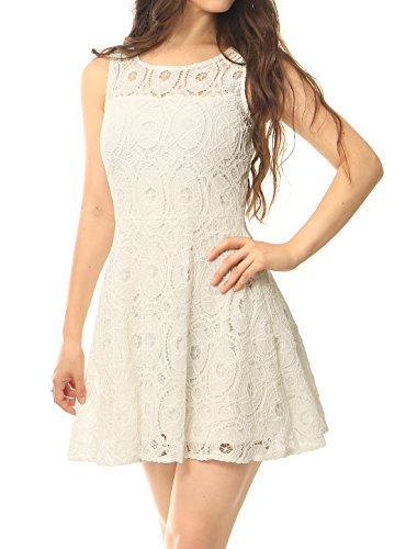 Allegra K Women Sleeveless Semi Sheer Yoke Floral Lace Flare Dress
