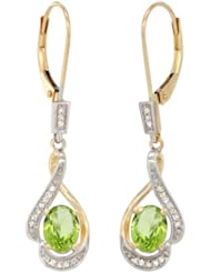 14k Gold 3/4 in. (19mm) tall Lever Back Dangle Earrings, w/ 0.13 Carat Brilliant Cut Diamonds & 2.40 Carats Oval Cut 7x5mm Peridot Stones