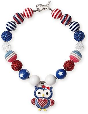 Bouren Little Girl Cute Owl Rhinestone Pendant Striped Gumball Bead Necklace