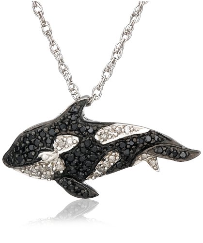 Sterling Silver Black and White Diamond Whale Pendant, (0.33 cttw)