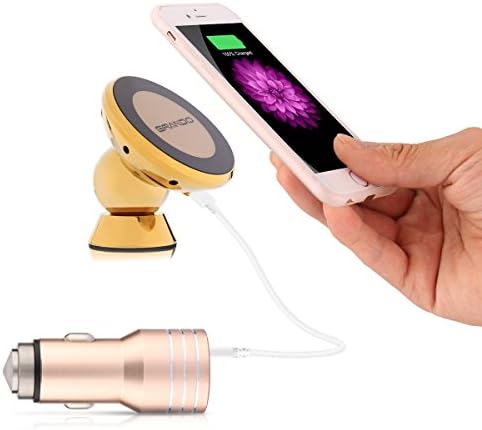 GRANDO iPhone 6 Plus/6s Plus 360° Rotation Magnetic Vehicular QI Wireless Charging Receiver Pad Phone Mount Holder Bracket &amp; Fast Dual USB life hammer Car Charger (Gold2)