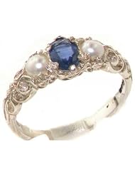 Ladies Solid 9K White Gold Natural Sapphire & Pearl Victorian Trilogy Band Ring - Finger Sizes 4 to 12 Available
