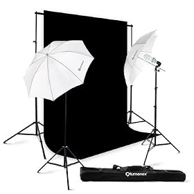 Lumenex Studio 400W Photography Lighting Light Kit + 10' x 10' 100% Cotton Black Muslin Backdrop Background Photo Portrait Studio 32 Umbrella Continuous Lighting Kit