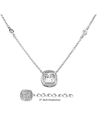 .925 Sterling Silver Rhodium Plated CZ Solitaire Halo Pendant Necklace with By-the-Yard 1.6mm Cable Rolo Chain - 16"+2" Inches Extension