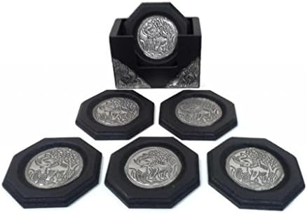 Sita Octagon Vintage-Style Wooden Cup Saucer with Elephant Pewter Metal , Set of 6