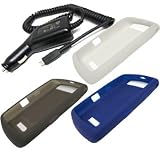 4 Pieces Combo of Dark Blue, Smoke Gray and White Silicone Skin Cover Case with Car Charger for Blackberry 9530 9500 Storm Thunder