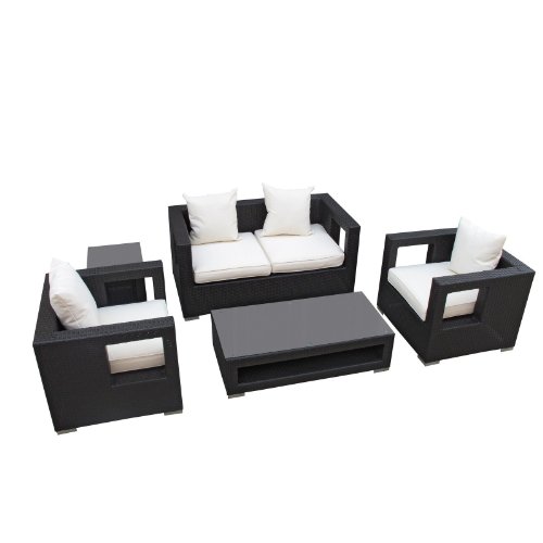 LexMod Lunar 5-Piece Outdoor Rattan, Espresso with White Cushions