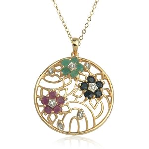 Buy Yellow Gold Overlay Sterling Silver Sapphire, Ruby and Emerald Flower Circle Pendant w  Diamond... by Amazon.com Collection