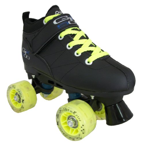 Pacer Mach-5 GTX500 Black Boots with All 8 Light Up Wheels and Yellow Laces Mens Boys Ladies Womens Girls Youth Childrens Kids Quad Speed Roller Skating Skates