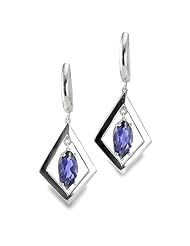 CleverEve Designer Series Diagonal Square Leverback Dangling Sterling Silver Earrings w/ 10mm Marquise Shaped Genuine Iolite Center Stones
