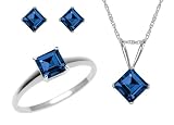 10k White Gold, September Birthstone, Lab Created Sapphire Ring, Pendant and Earring Set, Ring Size 7