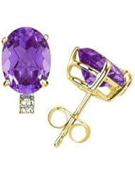 12X10mm Oval Amethyst and Diamond Stud Earrings in 14K Yellow Gold
