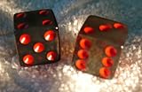 Rare Vintage Black With Red Dots Transparent Lucite Dice Pair