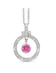 Elegant Bow Twin Circle Diamond Pendant In 18K White Gold With A 0.32 ct. Genuine Pink Tourmaline Center Stone.