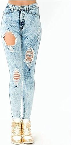 Janestore Fashion High Waist ACID Mineral Wash Distressed Ripped Skinny Denim Jean Pants