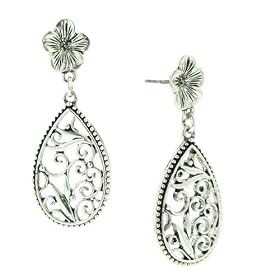 Silver Scrolls Floral Teardrop Earrings
