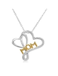 Two Tone Sterlng Silver Mom Heart Diamond Pendant Necklace