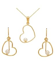 Klassics 10k Yellow Gold Open Heart Freshwater Cultured Pearl Pendant Necklace and Earrings Set