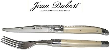 French Laguiole Dubost - 12 pcs Steak Flatware Set (6 Steak Knives + 6 Matching Forks) - Pearl Color - In Heavier 25/10 Stainless Steel - 2.5 mm Sharp Smooth Blade - Family Dinner Table Steak Setting - Direct From France