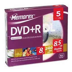 Memorex 8x DVD+R Double Layer Media - 8.5GB - 120mm Standard - 5 Pack Slim Case