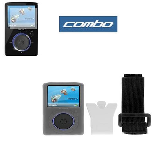 Durable Flexible Soft Clear Silicone Skin Case with Belt Clip + Adjustable Sports Armband + Premium Clear LCD Screen Protector for Sandisk Sansa Fuze