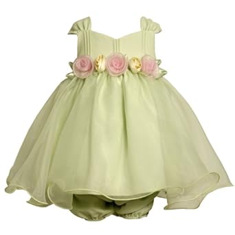 Bonnie Jean Baby/NEWBORN 3M-9M 2-Piece GREEN YELLOW PINK ROSETTE WAISTLINE LINEN ORGANZA Special Occasion Flower Girl Easter Party Dress
