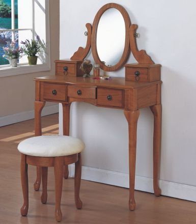 Kitchen: Queen Anne Style OAK FINISH WOOD VANITY SET   Table, Bench & Mirror