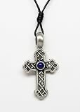 Necklace, pewter, cross with blue stone cabochon, 47x26mm, black
leather cord, adjustable, 18-36 inches.