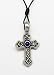 Necklace, pewter, cross with blue stone cabochon, 47x26mm, black leather cord, adjustable, 18-36 inches.