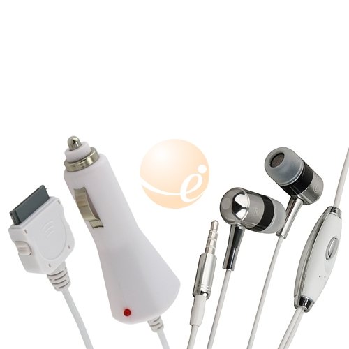 3.5mm In-Ear Headset w On-off & Mic + White Car Charger for Apple iPod iPhone iPhone 3G iPhone 3GS