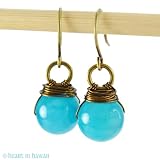 Blue Quartz Kahiko Earrings - colorful wirewrap dangles in bronze